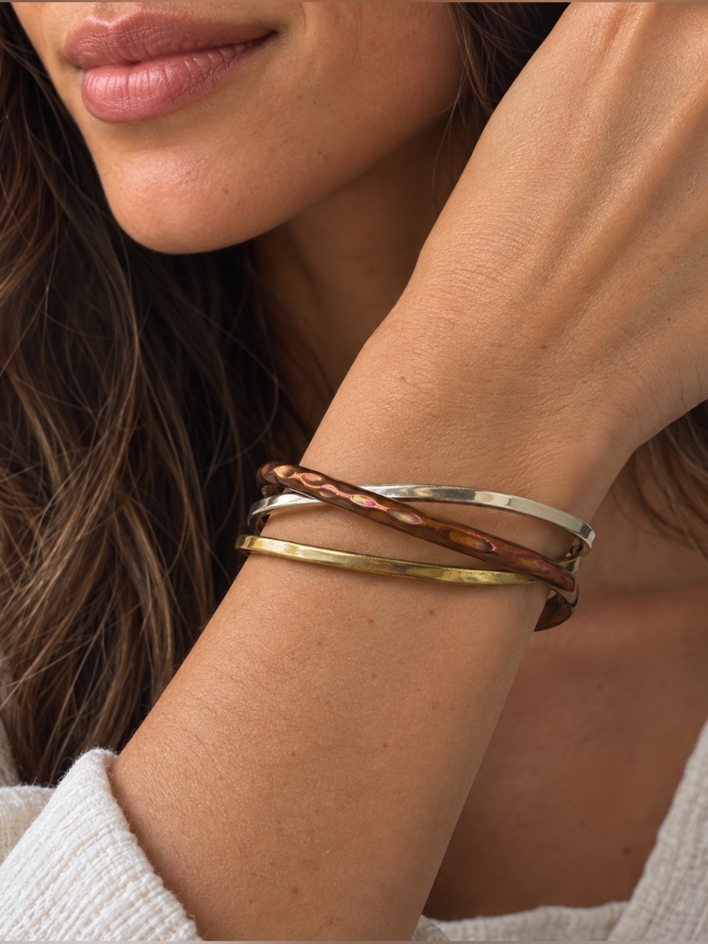 Italian Artisan Mixed Metal Hammered Copper Brass Silver Cuff Bracelet